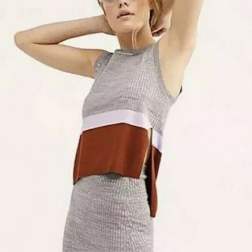 Free People Stop and Stare Colorblock Ribbed Sleeveless Top Gray Purple Brown M